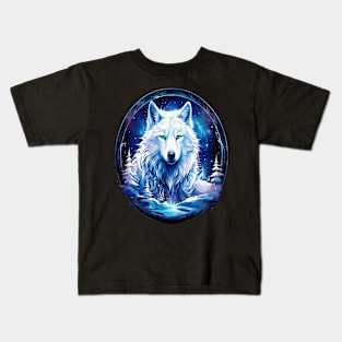 A White Wolf with Mountains, Floral Elements, Forests, Trees Kids T-Shirt